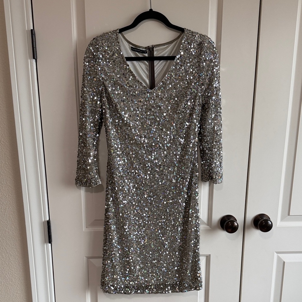 MARINA Glittering Silver Long Sleeve Dress
